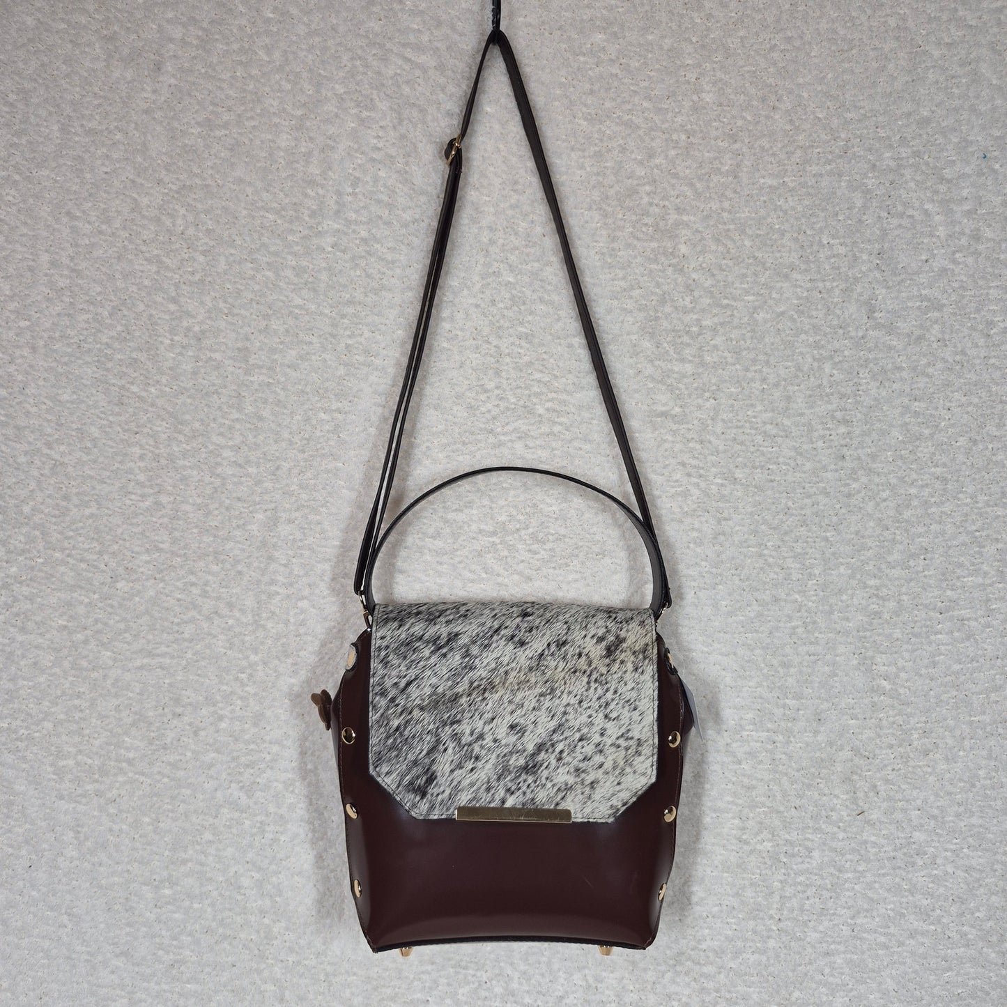 Handcrafted Mexican Brown Leather Handbag with Cowhide Hair-On Flap & Gold-Tone Hardware