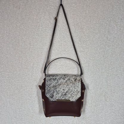 Handcrafted Mexican Chocolate Brown Leather Handbag with Cowhide Hair-On Flap & Gold-Tone Hardware