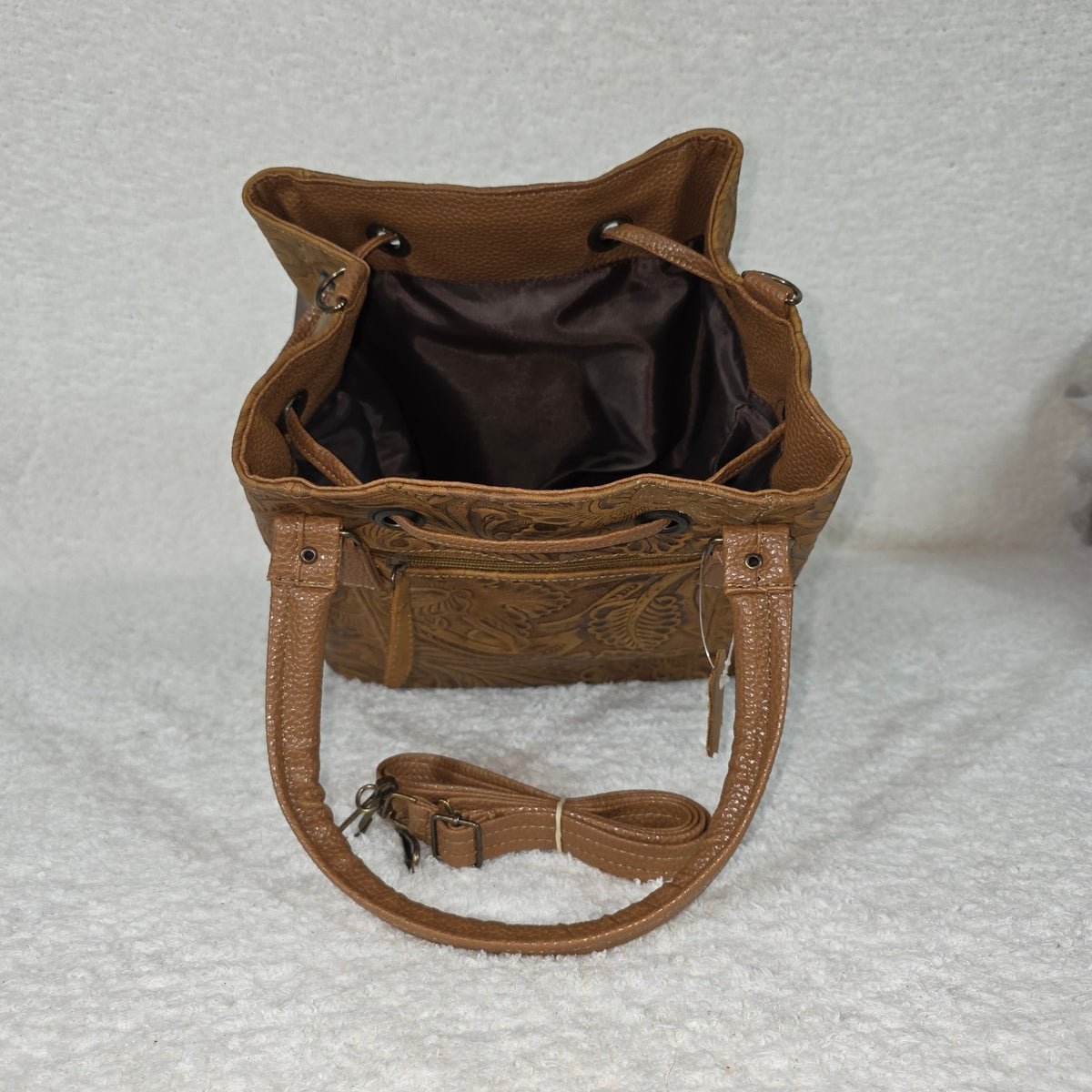 Tooled Honey Brown Floral Leather Drawstring Bucket Bag