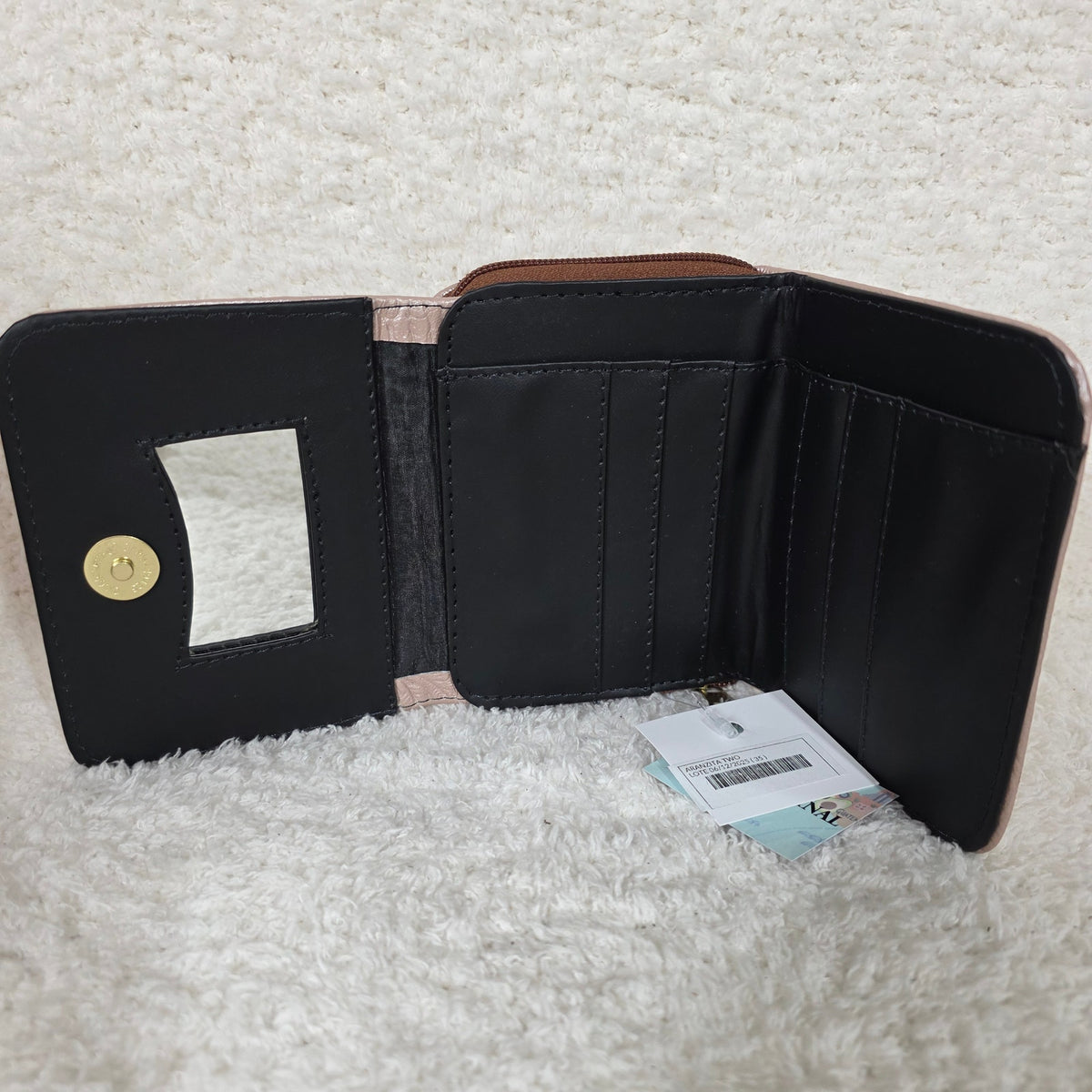 Light Pink Floral Embossed Leather Trifold Wallet with Back Zip Compartment