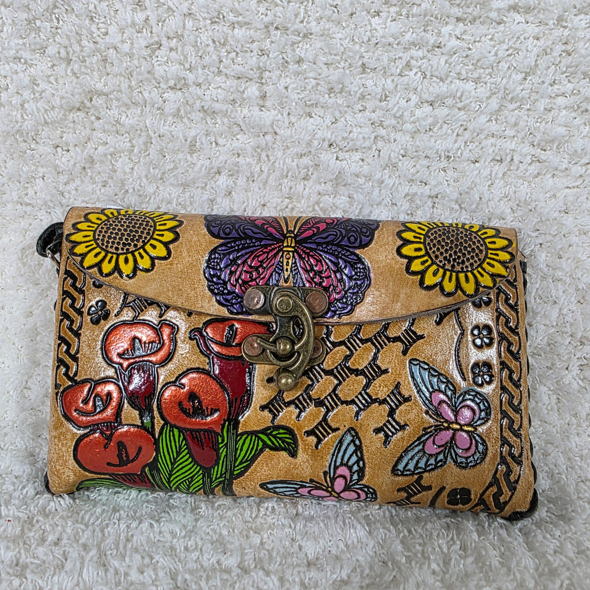 Tan Hand-Tooled Leather Butterflies &  Red Alcatraz Calla Lily Wristlet Clutch with Black Whipstitching — León