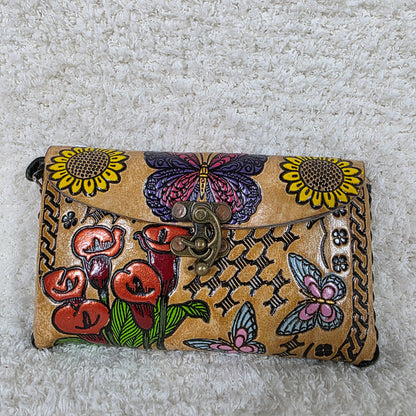 Tan Hand-Tooled Leather Butterflies &  Red Alcatraz Calla Lily Wristlet Clutch with Black Whipstitching — León