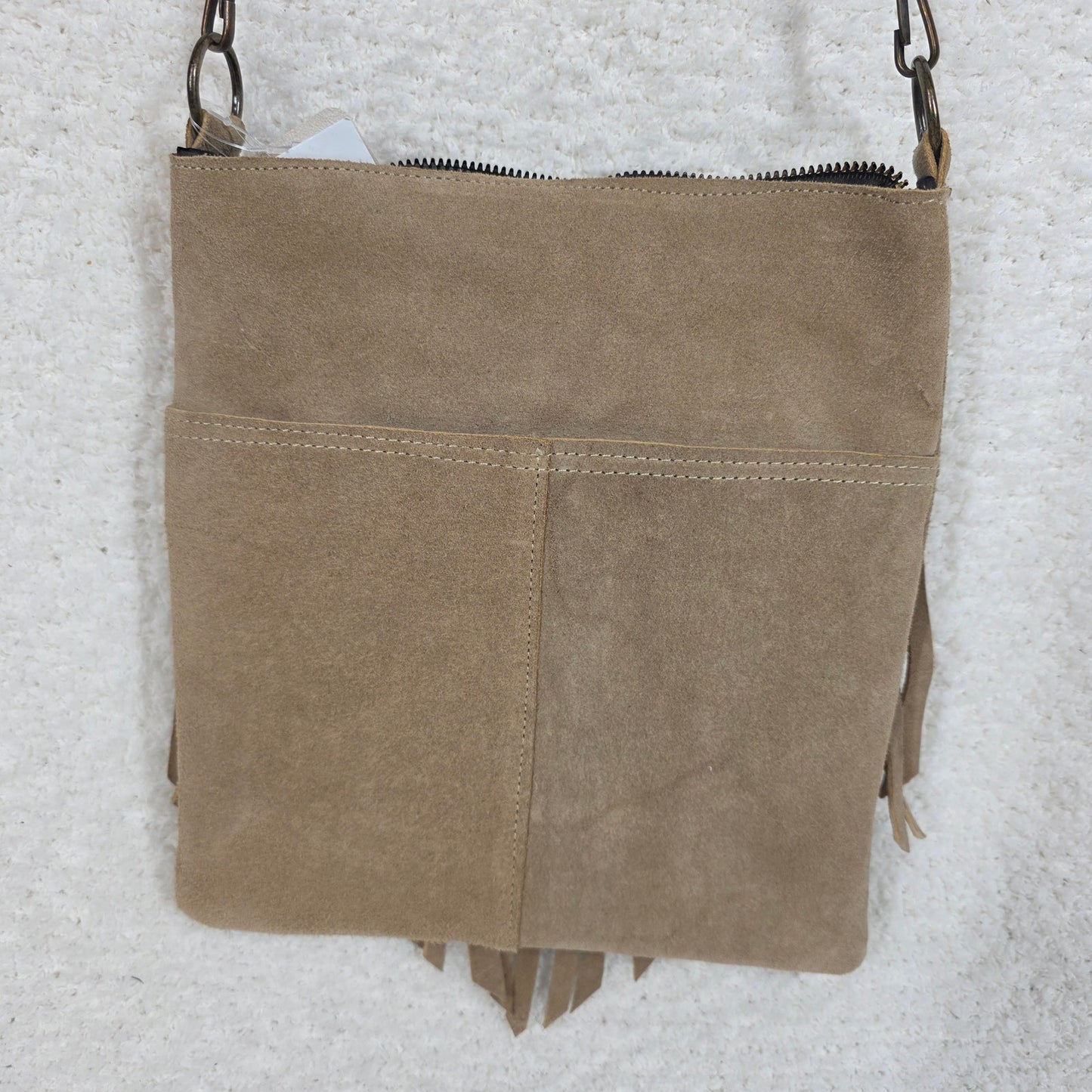 Taupe Boho Fringe Crossbody Bag Suede Leather Handcrafted in Mexico