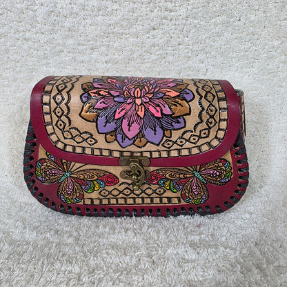 Tan Hand-Tooled Flowers & Butterflies Leather Crossbody Bag with Burgundy Border — Handmade in Mexico