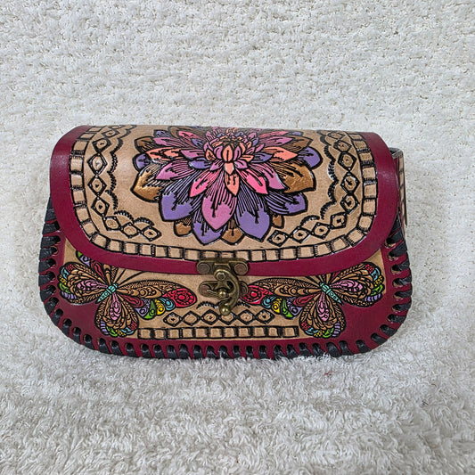 Tan Hand-Tooled Flowers & Butterflies Leather Crossbody Bag with Burgundy Border — Handmade in Mexico