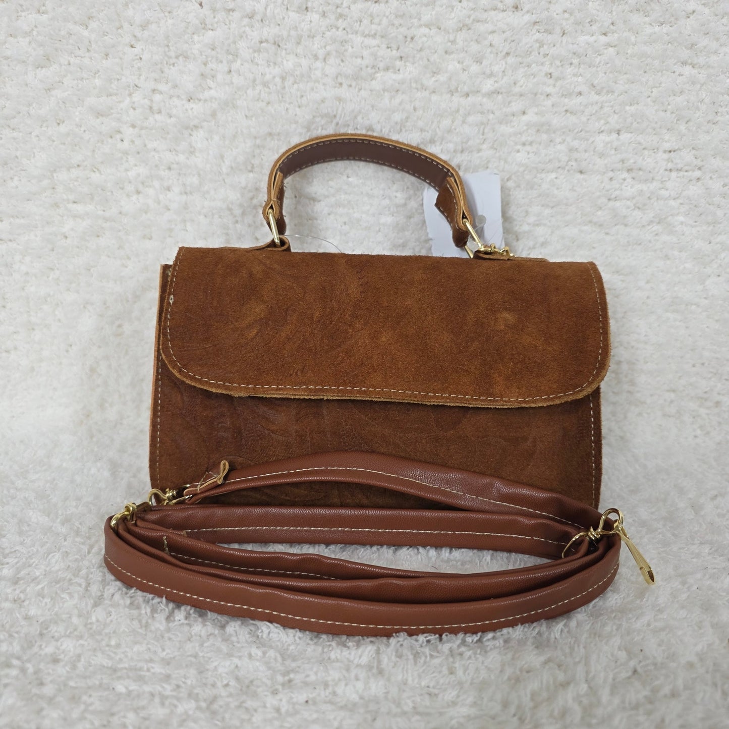 Handcrafted Embossed Floral Design Terracotta Brown Suede Leather Crossbody Bag