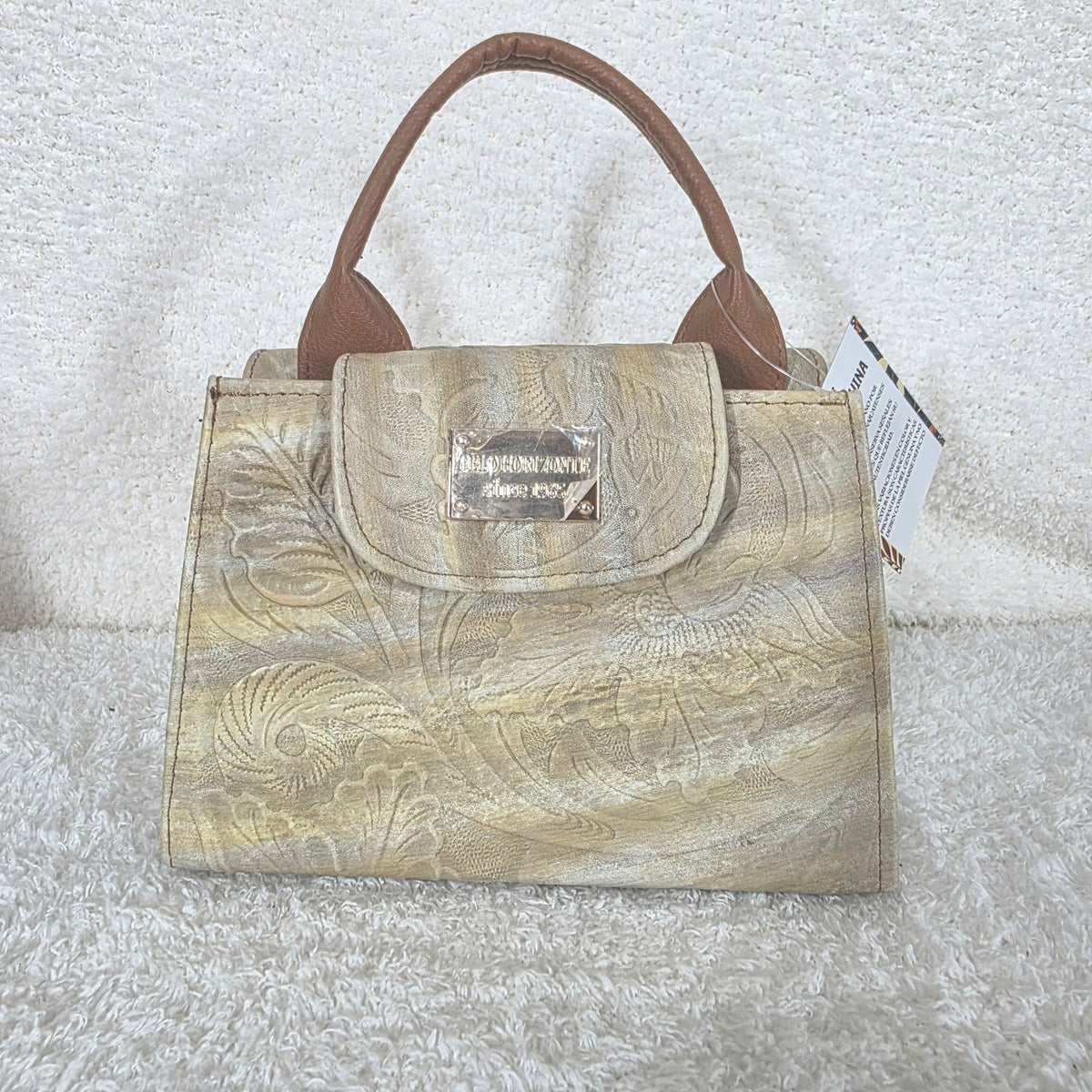 Cream Floral Embossed Leather Mini Bag with Detachable Strap — Handmade in León, Guanajuato