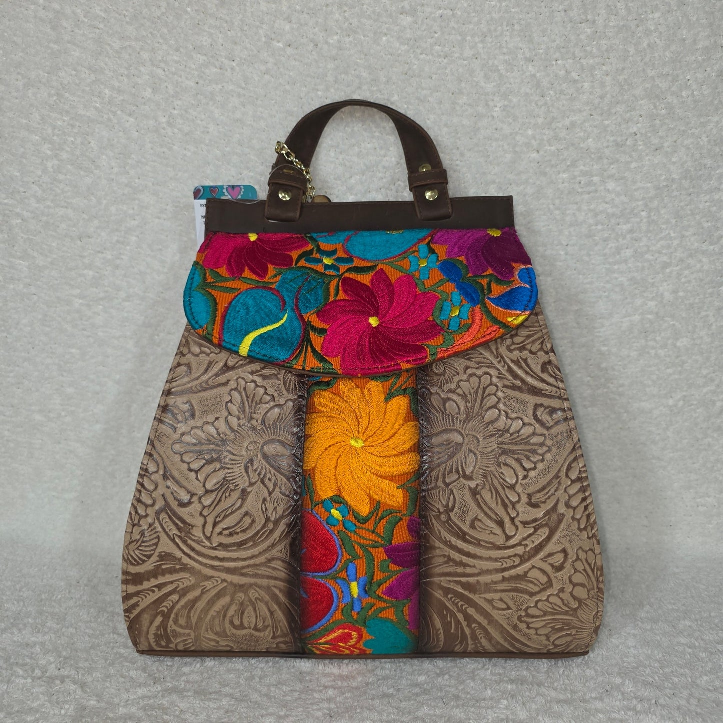 Artisanal Embroidered Chiapas Loom & Embossed Tan Vegan Leather Backpack