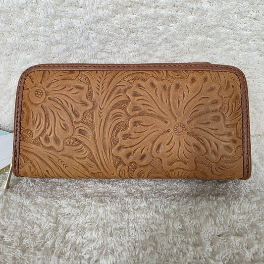 Light Brown Floral Embossed Leather Convertible Wallet Crossbody with Brown Trim