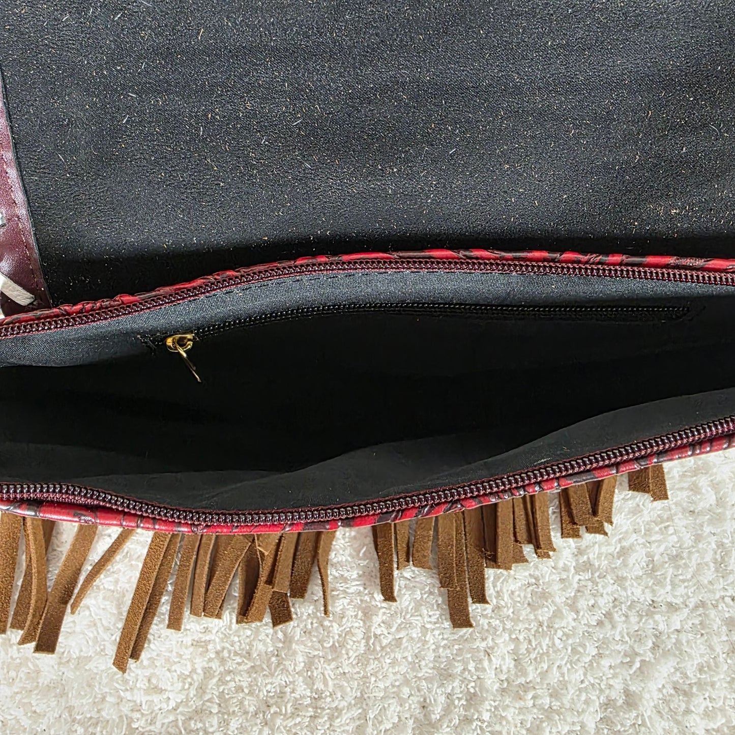 Mexican Red Floral Embossed Tooled Leather & Cowhide Fringe Crossbody Bag