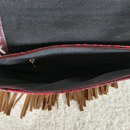 Mexican Red Floral Embossed Tooled Leather & Cowhide Fringe Crossbody Bag