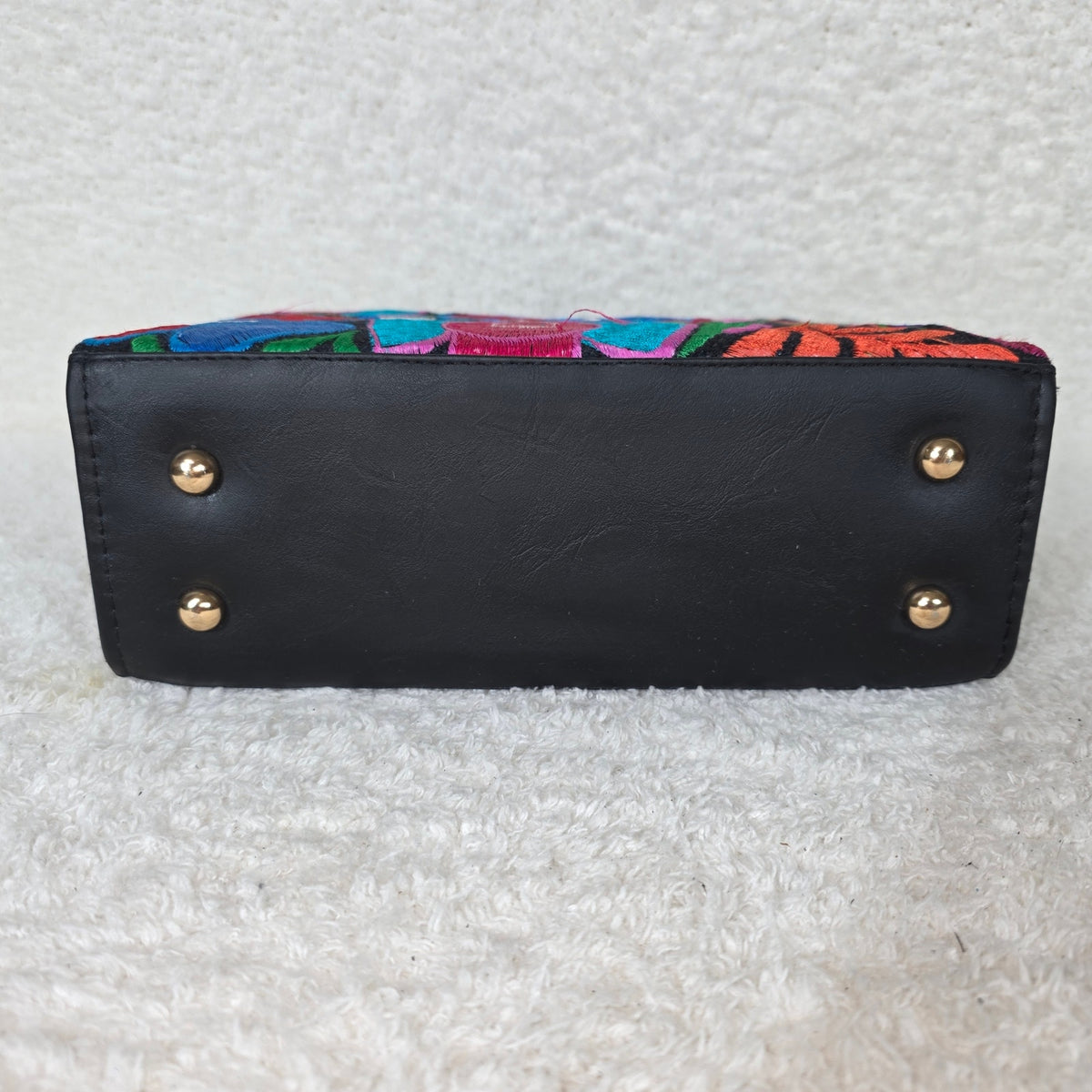 Chiapas Loom Embroidered Black Vegan Leather Crossbody Bag | Top Handle & Detachable Strap