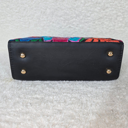 Chiapas Loom Embroidered Black Vegan Leather Crossbody Bag | Top Handle & Detachable Strap