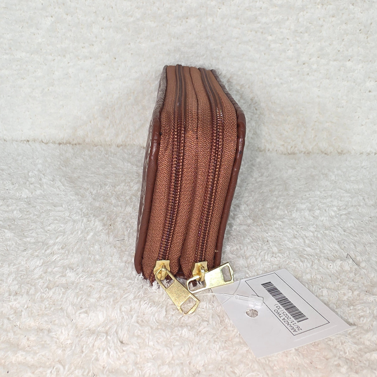 Brown Floral Embossed Leather Double Zip Wallet