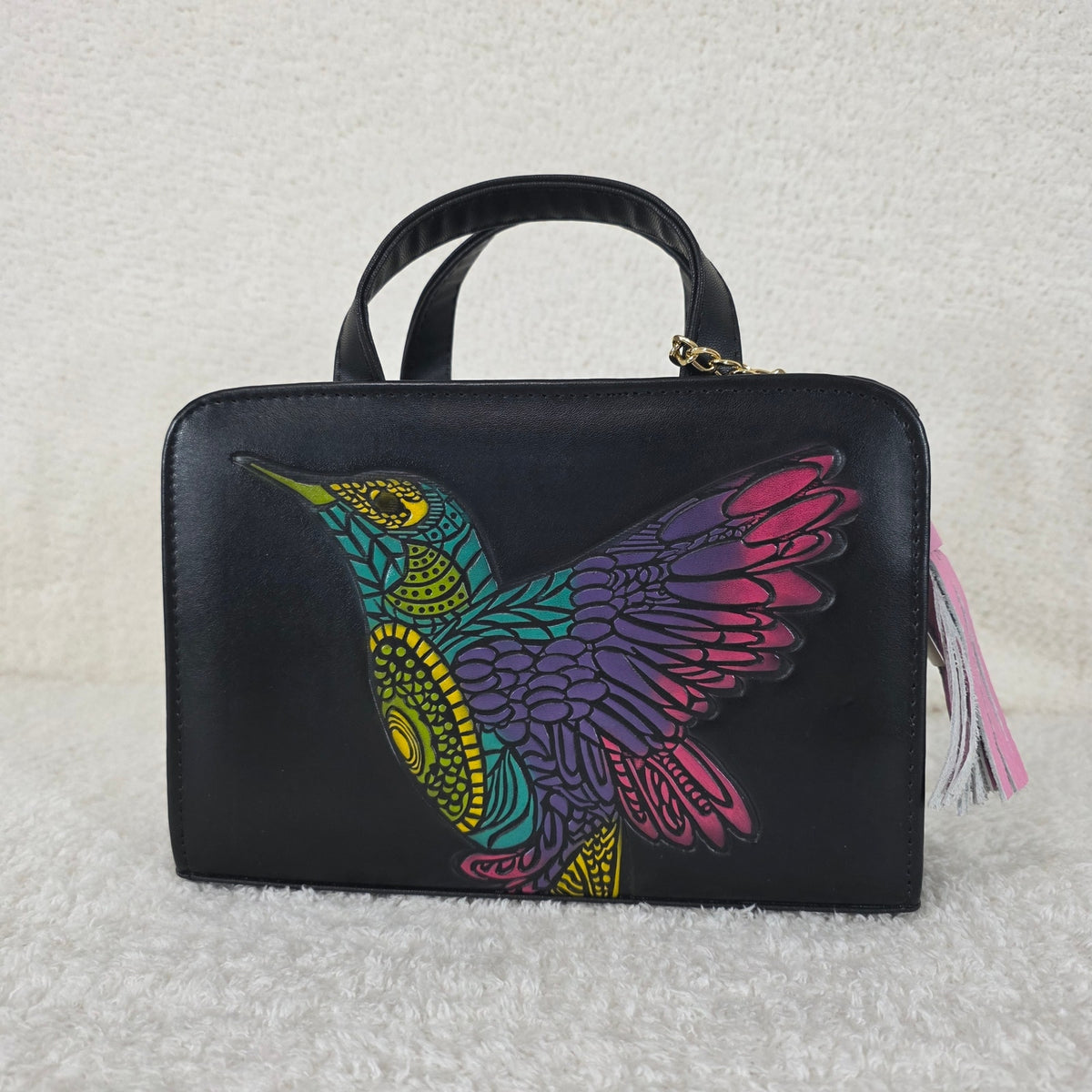 Black Colorful Colibrí Embossed & Hand Painted Mexican Vegan Leather Crossbody Handbag