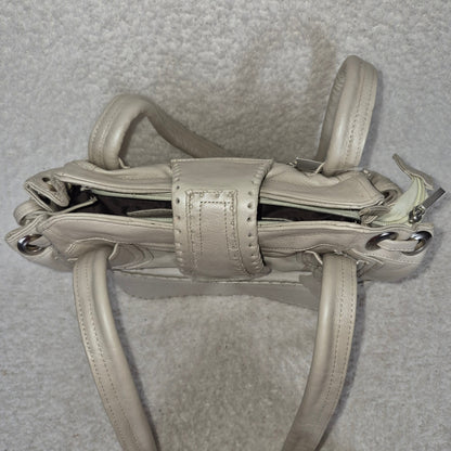 Handcrafted Mexican Pearl White Calfskin Leather Handbag with Whipstitch Detail