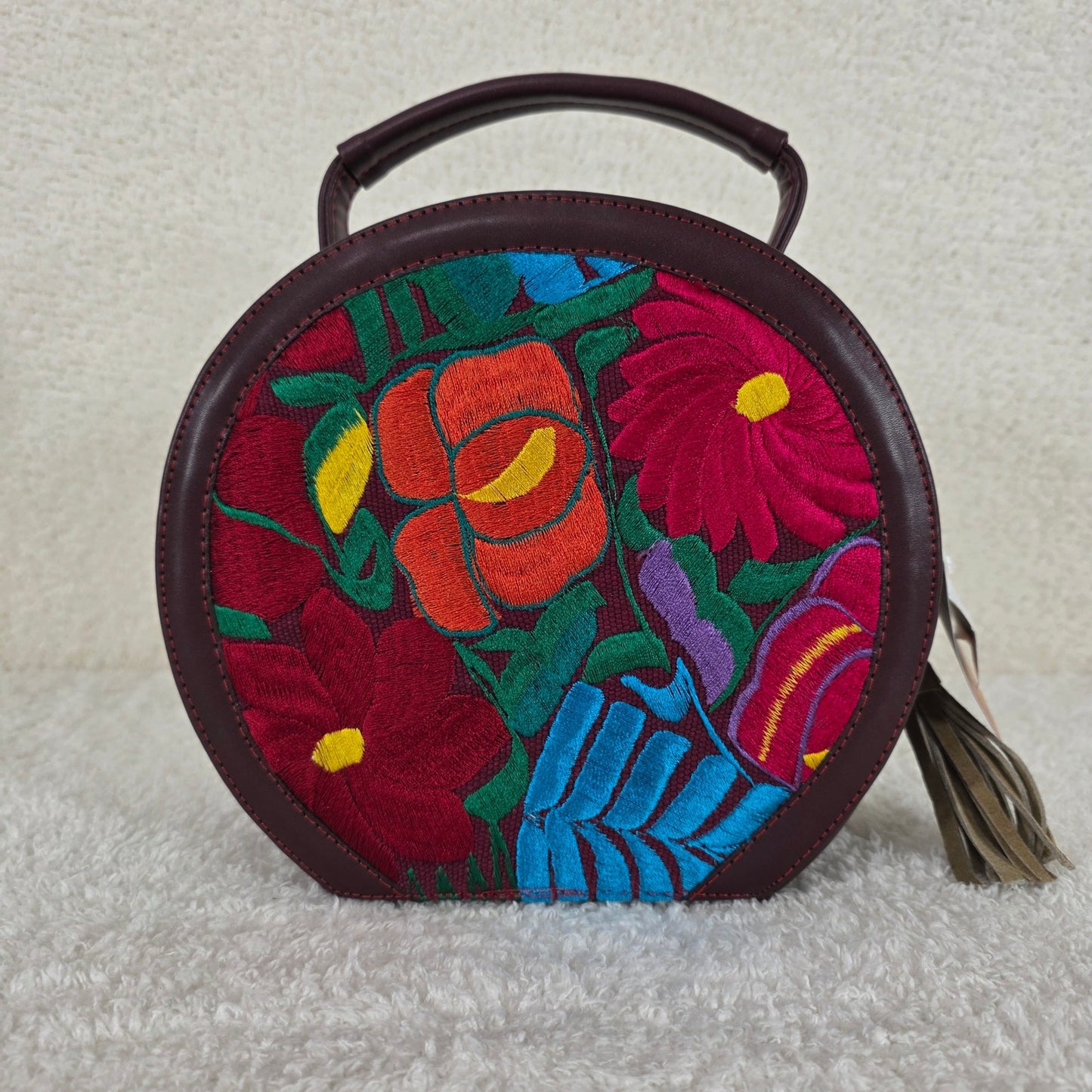 Chiapas Loom Embroidered Burgundy Round Vegan Leather Crossbody Handbag