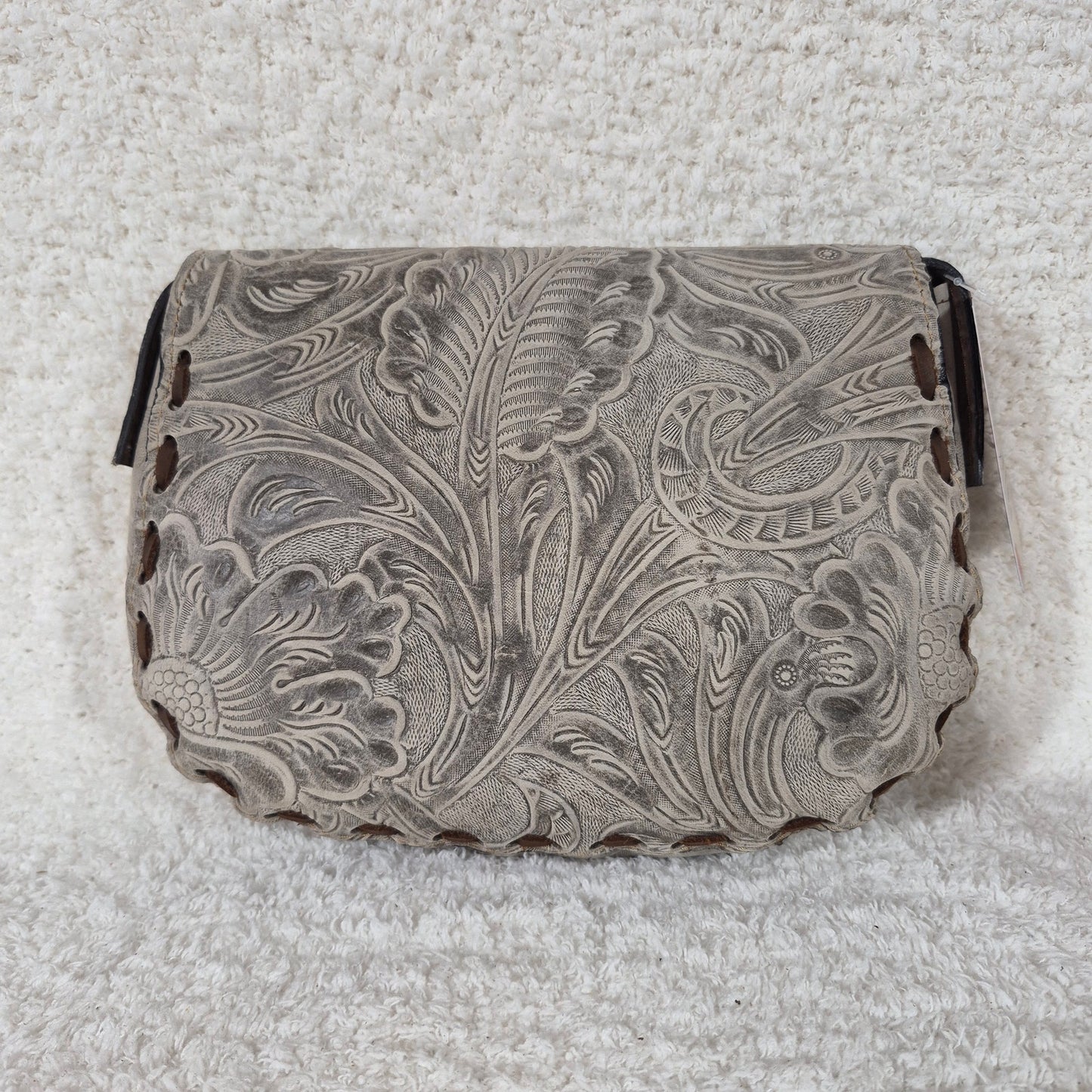 Hand-Tooled Gray Genuine Leather Saddle Bag with Brown Whipstitching