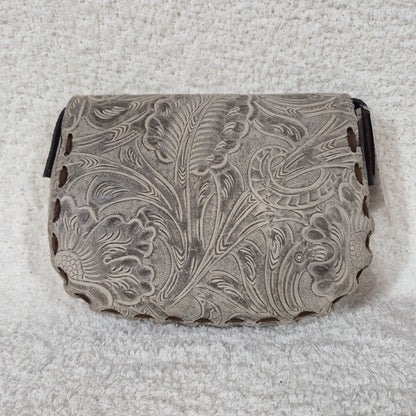 Hand-Tooled Gray Genuine Leather Saddle Bag with Brown Whipstitching
