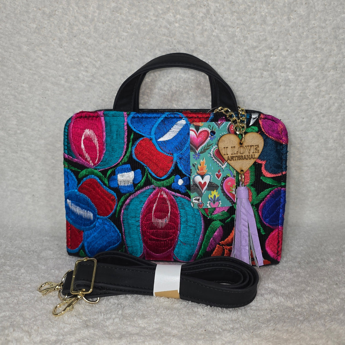 Chiapas Loom Embroidered Black Vegan Leather Crossbody Bag | Top Handle & Detachable Strap