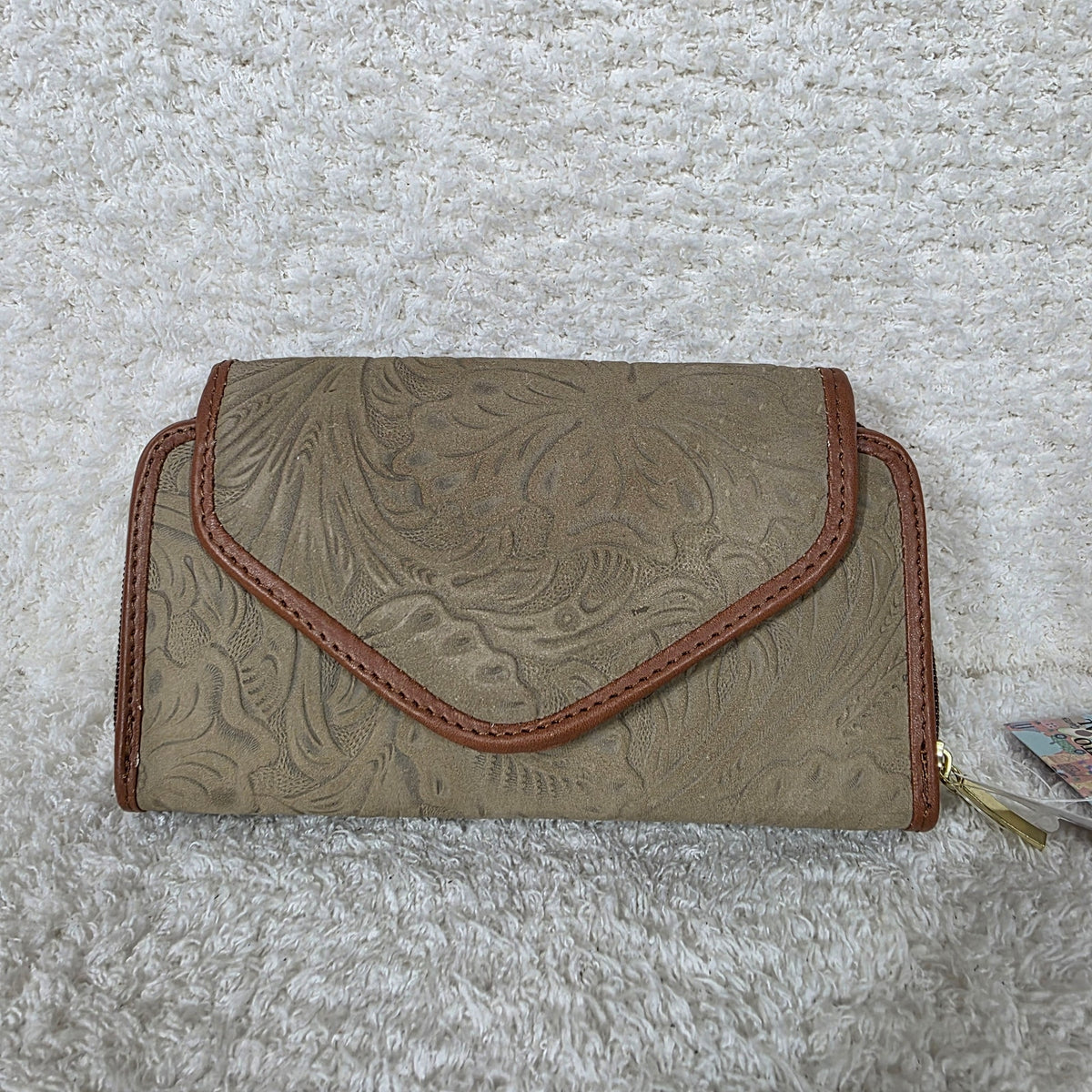 Dark Taupe Floral Embossed Leather Convertible Wallet Crossbody — Handmade in León, Guanajuato