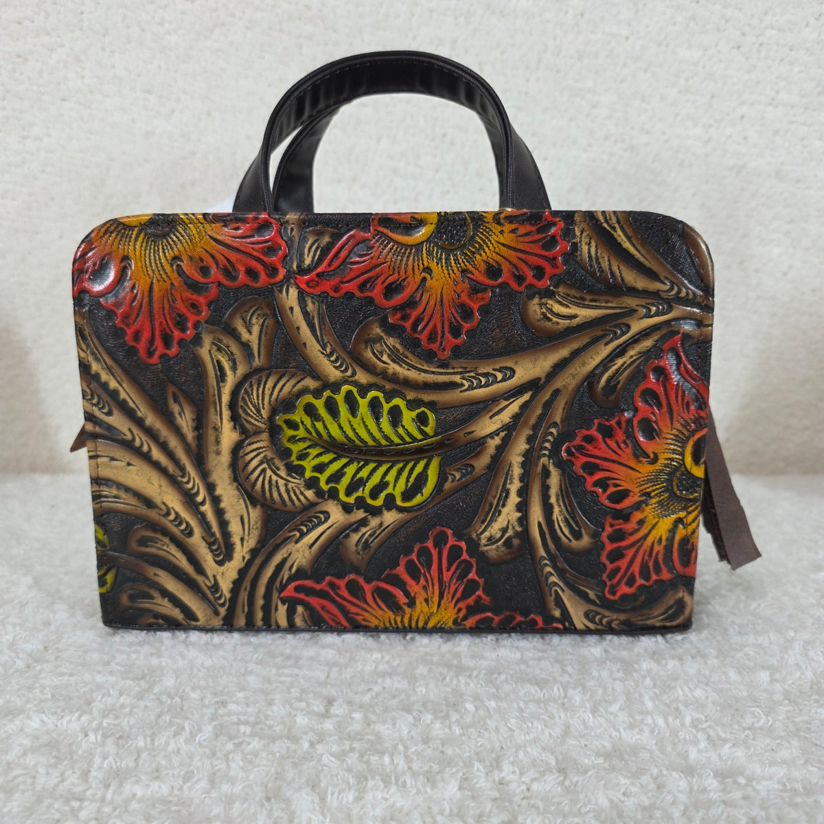 Brown & Red Floral Embossed & Hand Painted Crossbody