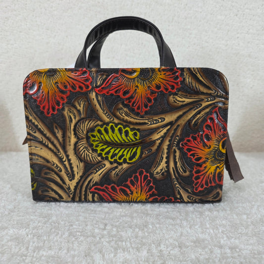 Brown & Red Floral Embossed & Hand Painted Mexican Vegan Leather Crossbody Bag