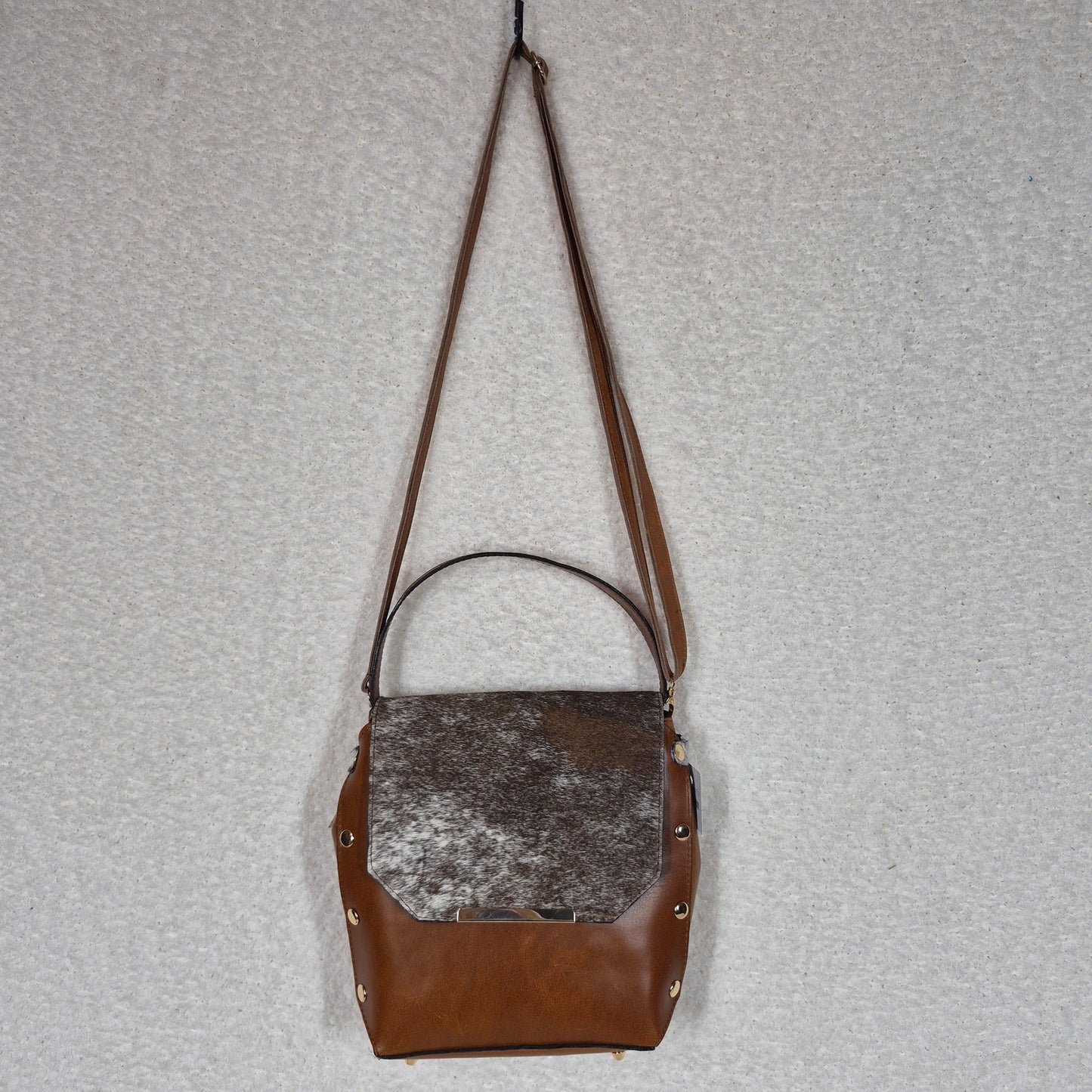 Handcrafted Mexican Cognac Brown Leather Handbag with Cowhide Hair-On Flap & Gold-Tone Hardware