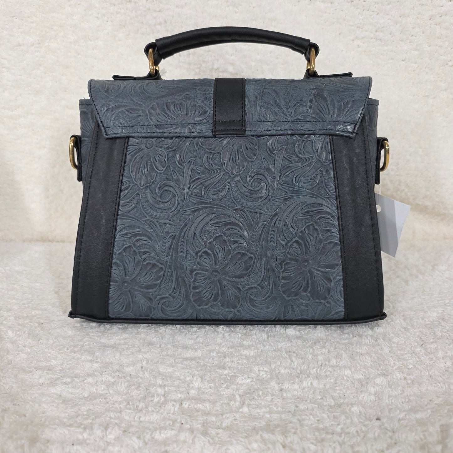 Handcrafted Mexican Floral Embossed Navy Blue Genuine Leather Top-Handle Bag