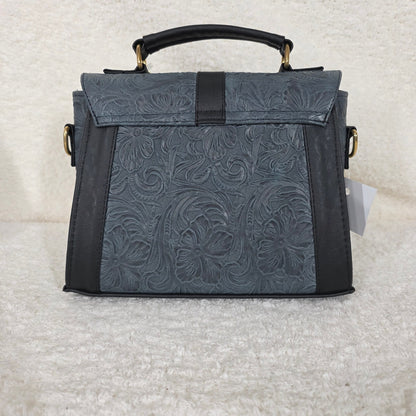 Handcrafted Mexican Floral Embossed Navy Blue Genuine Leather Top-Handle Bag