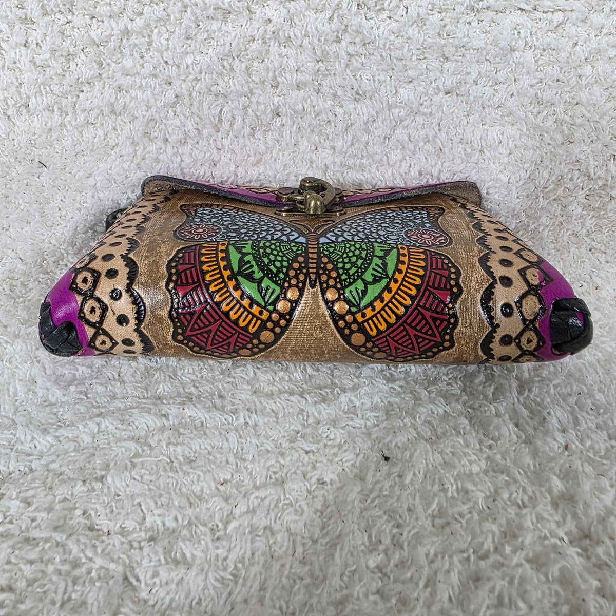 Mexican Hand-Tooled Leather Butterflies & Flowers Tan & Purple Wristlet Clutch Bag