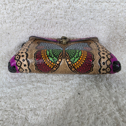 Mexican Hand-Tooled Leather Butterflies & Flowers Tan & Purple Wristlet Clutch Bag
