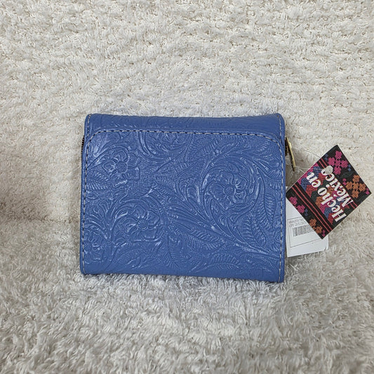 Blue Floral Embossed Leather Trifold Wallet with Back Zip Compartment