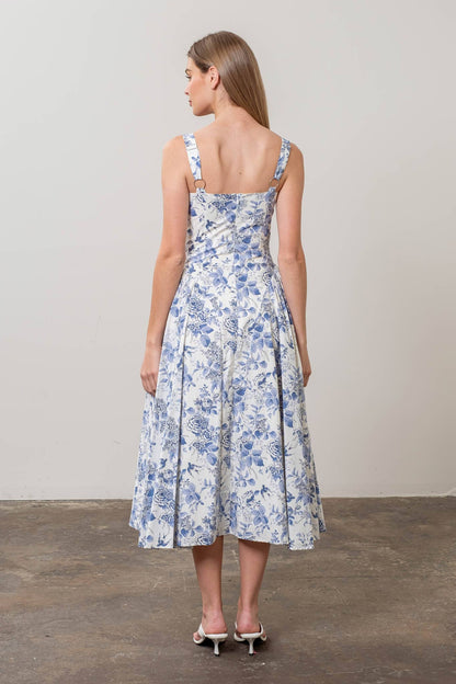 Moon River Ivory & Blue Toile Floral Sleeveless Corset Midi Dress