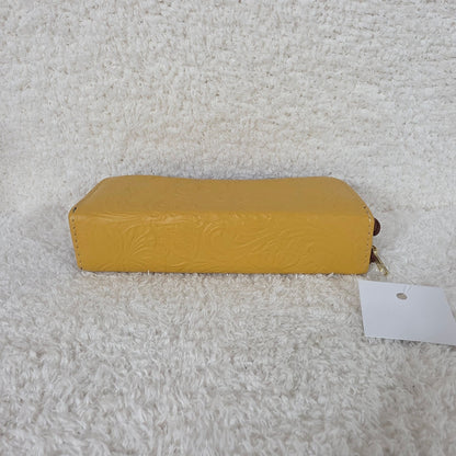 Yellow Floral Embossed Leather Double Zip Wallet