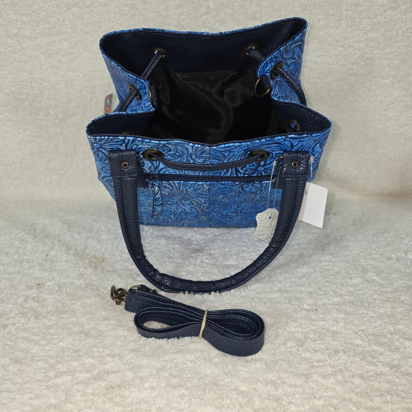 Tooled Blue Floral Leather Drawstring Bucket Bag