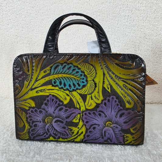 Black & Purple Floral Embossed & Hand Painted Mexican Vegan Leather Crossbody Bag