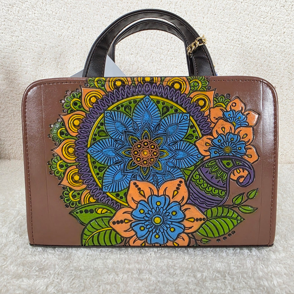 Dark Brown Colorful Mandala Embossed & Hand Painted Mexican Vegan Leather Crossbody Bag