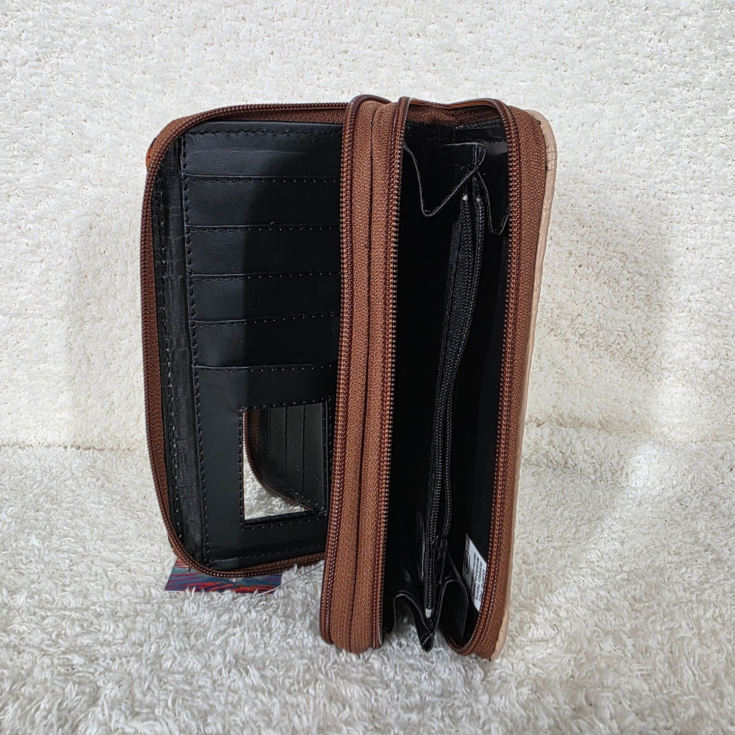 Mocha Floral Embossed & Chiapas Loom Leather Double Zip Wallet