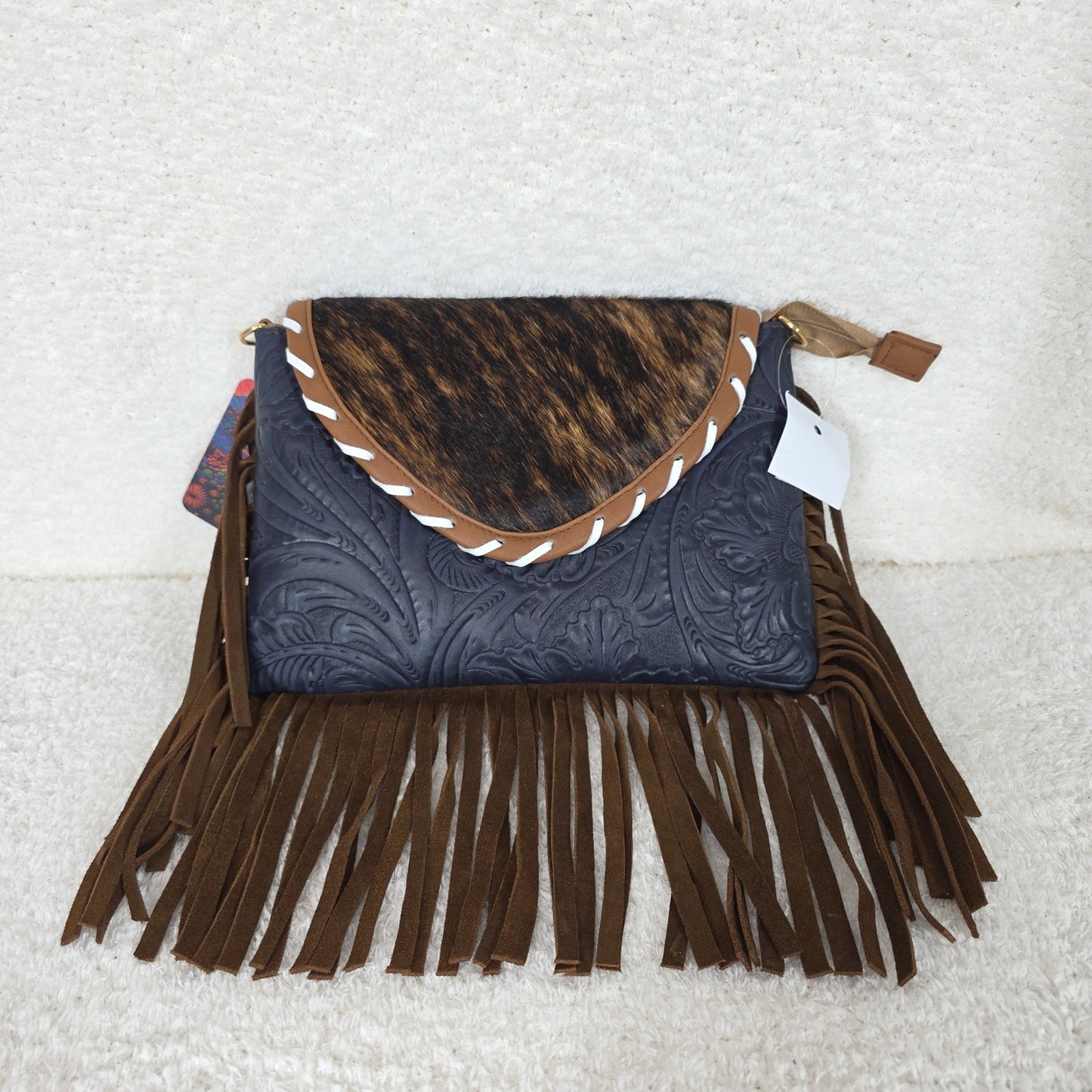Handcrafted Blue Floral Embossed Leather & Cowhide Hair-On Fringe Crossbody Bag