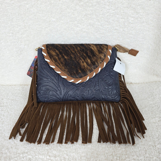Blue Floral Embossed Leather & Cowhide Hair-On Fringe Crossbody Bag — Handmade in Mexico