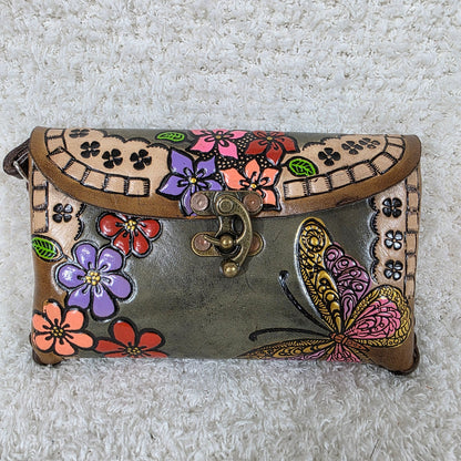 Olive Green Hand-Tooled Vaqueta Leather Butterflies & Flowers Wristlet — León, Guanajuato
