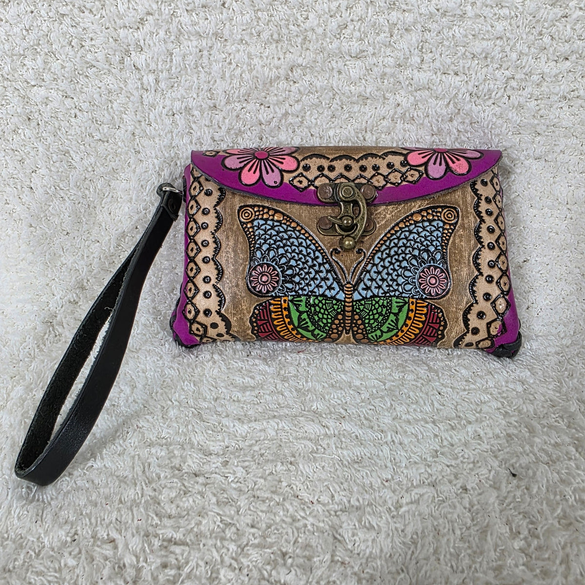 Mexican Hand-Tooled Leather Butterflies & Flowers Tan & Purple Wristlet Clutch Bag