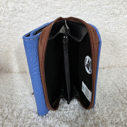 Blue Floral Embossed Leather Trifold Wallet with Back Zip Compartment