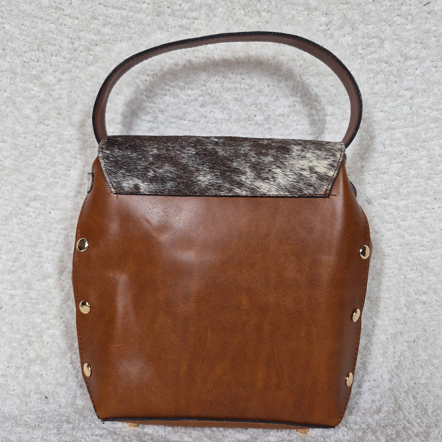 Handcrafted Mexican Cognac Brown Leather Handbag with Cowhide Hair-On Flap & Gold-Tone Hardware