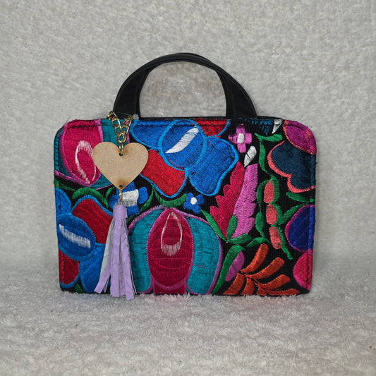 Chiapas Loom Embroidered Black Vegan Leather Crossbody Bag with Top Handle & Detachable Strap