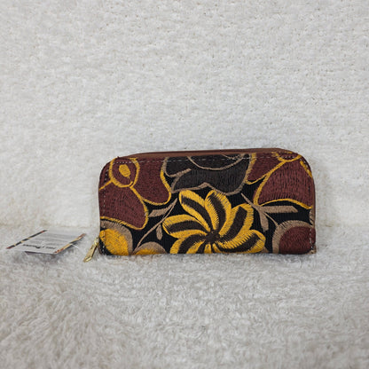 Yellow Floral Embossed & Chiapas Loom Genuine Leather Double Zip Wallet — Handmade in León
