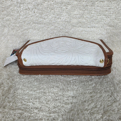 White Floral Embossed Leather Convertible Wallet Crossbody with Brown Trim