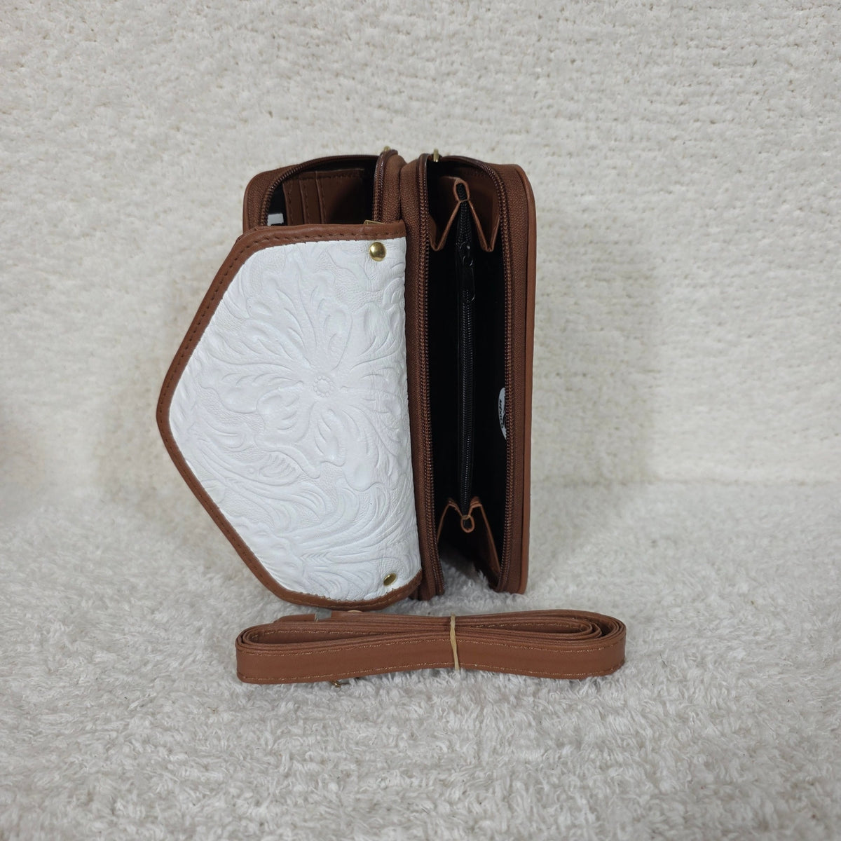 White Floral Embossed Leather Convertible Wallet Crossbody with Brown Trim
