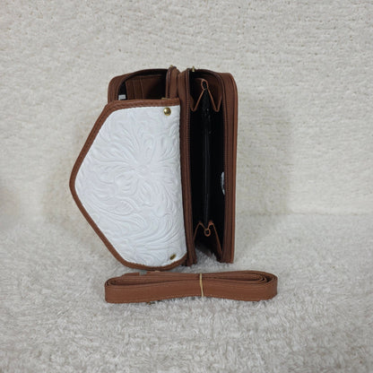 White Floral Embossed Leather Convertible Wallet Crossbody with Brown Trim